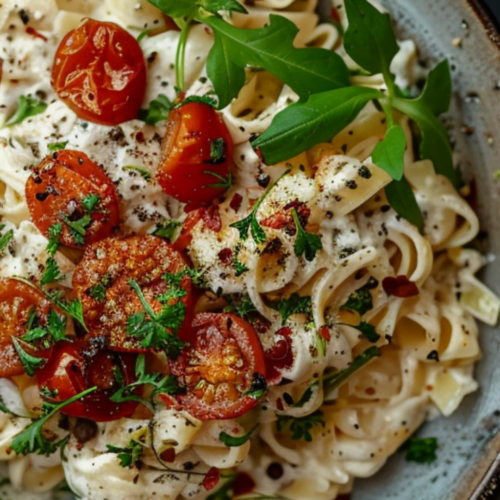 Creamy Vegan Garlic Pasta with Roasted Tomatoes - plantbasedpalate.com